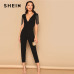 SHEIN Party Black Plunging Neck Fringe Fitted Skinny Jumpsuit 2019 Summer Women Maxi Deep V Neck Long Sleeve Jumpsuit