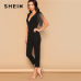 SHEIN Party Black Plunging Neck Fringe Fitted Skinny Jumpsuit 2019 Summer Women Maxi Deep V Neck Long Sleeve Jumpsuit