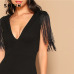 SHEIN Party Black Plunging Neck Fringe Fitted Skinny Jumpsuit 2019 Summer Women Maxi Deep V Neck Long Sleeve Jumpsuit