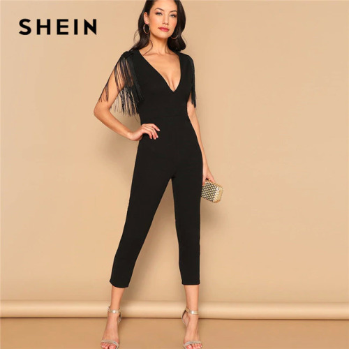 SHEIN Party Black Plunging Neck Fringe Fitted Skinny Jumpsuit 2019 Summer Women Maxi Deep V Neck Long Sleeve Jumpsuit