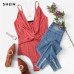 SHEIN Pink Plunging Neck Cross Wrap Cami Bodysuit Women 2019 Summer Sexy Casual Spaghetti Strap Mid Waist Plain Skinny Bodysuits