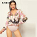 SHEIN Pink V neck Wrap Front Chain Print Bodysuit Casual Long Sleeve Mid Waist Elegant Women Autumn Shirt and Blouse Bodysuits