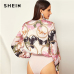 SHEIN Pink V neck Wrap Front Chain Print Bodysuit Casual Long Sleeve Mid Waist Elegant Women Autumn Shirt and Blouse Bodysuits