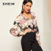 SHEIN Pink V neck Wrap Front Chain Print Bodysuit Casual Long Sleeve Mid Waist Elegant Women Autumn Shirt and Blouse Bodysuits