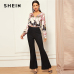 SHEIN Pink V neck Wrap Front Chain Print Bodysuit Casual Long Sleeve Mid Waist Elegant Women Autumn Shirt and Blouse Bodysuits