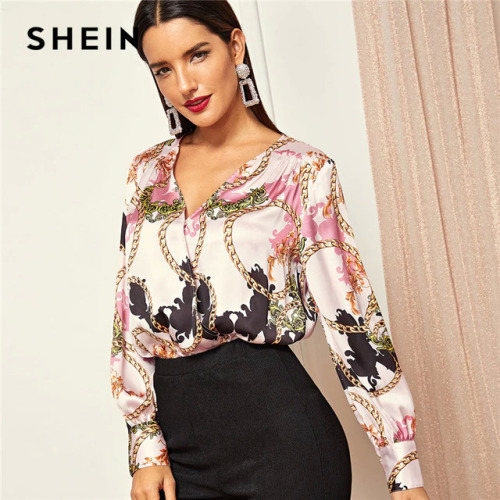 SHEIN Pink V neck Wrap Front Chain Print Bodysuit Casual Long Sleeve Mid Waist Elegant Women Autumn Shirt and Blouse Bodysuits