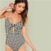 SHEIN Sleeveless Spaghetti Strap Sexy Backless Summer Women Bodysuits Mid Waist Deep V Plaid Cut Out Knot Skinny Cami Bodysuit