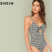 SHEIN Sleeveless Spaghetti Strap Sexy Backless Summer Women Bodysuits Mid Waist Deep V Plaid Cut Out Knot Skinny Cami Bodysuit