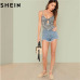 SHEIN Sleeveless Spaghetti Strap Sexy Backless Summer Women Bodysuits Mid Waist Deep V Plaid Cut Out Knot Skinny Cami Bodysuit