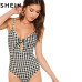 SHEIN Sleeveless Spaghetti Strap Sexy Backless Summer Women Bodysuits Mid Waist Deep V Plaid Cut Out Knot Skinny Cami Bodysuit