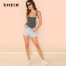 SHEIN Stripe Bodysuit with Suspender Straps Sexy Mid Waist Pocket Sleeveless Bodysuits Women Summer Skinny Backless Bodysuits