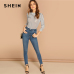 SHEIN White Casual Basic Mock Neck Striped 3/4 Sleeve Skinny Mid Waist Bodysuit Autumn Workwear Women Bodysuits