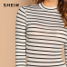 SHEIN White Casual Basic Mock Neck Striped 3/4 Sleeve Skinny Mid Waist Bodysuit Autumn Workwear Women Bodysuits