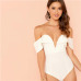 SHEIN White Deep V Neck Front Bardot Bodysuit Sexy Party Off Shoulder Skinny Bodysuits Women Plain Mid Waist Summer Bodysuit