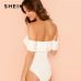 SHEIN White Deep V Neck Front Bardot Bodysuit Sexy Party Off Shoulder Skinny Bodysuits Women Plain Mid Waist Summer Bodysuit