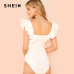 SHEIN White Elegant Office Lady Minimalist Square Neck Ruffle Armhole Sleeveless Solid Bodysuit Summer Women Workwear Bodysuits