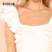 SHEIN White Elegant Office Lady Minimalist Square Neck Ruffle Armhole Sleeveless Solid Bodysuit Summer Women Workwear Bodysuits