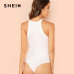 SHEIN White Elegant Workwear Racer Back Marled Knit Mid Waist Skinny Halter Bodysuit Summer Women Weekend Casual Bodysuits