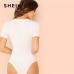 SHEIN White Minimalist Office Lady Workwear Solid Form Fitting O-Neck Short Sleeve Skinny Bodysuit Summer Women Casual Bodysuits