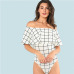 SHEIN White Ruffle Layered Neck Plaid Off the Shoulder Sleeveless Bodysuit Summer Women Modern Lady Casual Women Bodysuits