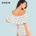 SHEIN White Ruffle Layered Neck Plaid Off the Shoulder Sleeveless Bodysuit Summer Women Modern Lady Casual Women Bodysuits