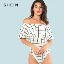 SHEIN White Ruffle Layered Neck Plaid Off the Shoulder Sleeveless Bodysuit Summer Women Modern Lady Casual Women Bodysuits