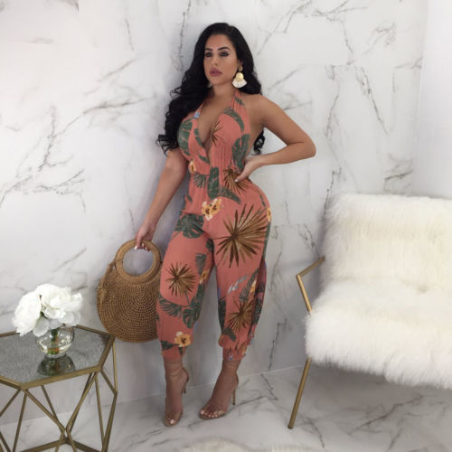 Sexy Women V-Neck Print Backless Bodycon Jumpsuit Playsuit Party Wide Leg Long Trousers Romper Casual Clubwear US