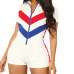 Sexy Zipper Short Sleeve Stitching Color Shorts Bodysuit Playsuit Casual Black Blue White Women Jumpsuit Sexy Shorts Rompers