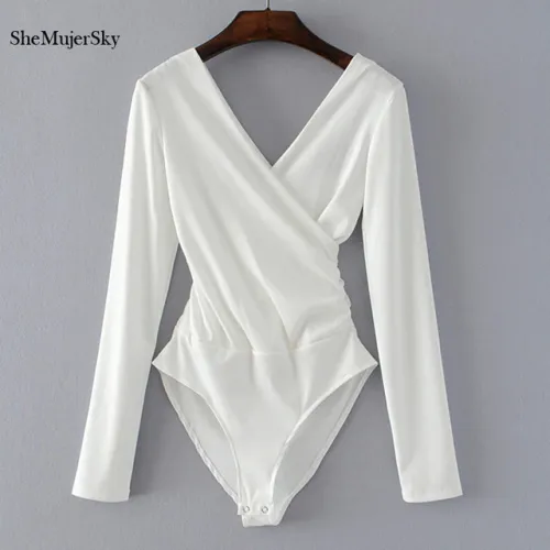 SheMujerSky Long Sleeve Bodysuit Women Backless Jumpsuits Black White Body femme monos cortos de mujer 2017
