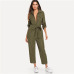 Sheinside Army Green Casual Button Shirt Jumpsuit Women 2019 Roll Up Sleeve Tapered Jumpsuits Mid Waist Belted Tooling Jumpsuit