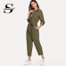 Sheinside Army Green Casual Button Shirt Jumpsuit Women 2019 Roll Up Sleeve Tapered Jumpsuits Mid Waist Belted Tooling Jumpsuit