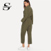 Sheinside Army Green Casual Button Shirt Jumpsuit Women 2019 Roll Up Sleeve Tapered Jumpsuits Mid Waist Belted Tooling Jumpsuit