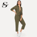 Sheinside Army Green Casual Button Shirt Jumpsuit Women 2019 Roll Up Sleeve Tapered Jumpsuits Mid Waist Belted Tooling Jumpsuit