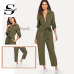 Sheinside Army Green Casual Button Shirt Jumpsuit Women 2019 Roll Up Sleeve Tapered Jumpsuits Mid Waist Belted Tooling Jumpsuit