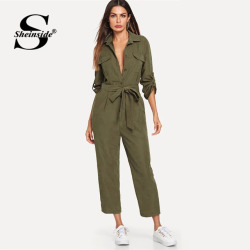 Sheinside Army Green Casual Button Shirt Jumpsuit Women 2019 Roll Up Sleeve Tapered Jumpsuits Mid Waist Belted Tooling Jumpsuit