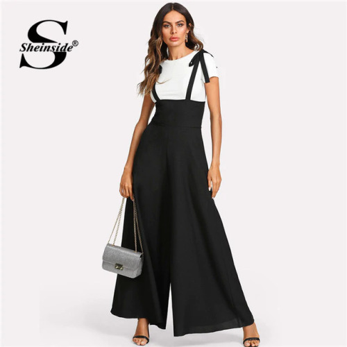 Sheinside Black Straps Office Ladies Workwear Elegant Wide Leg Jumpsuit High Waist Plain Knot Loose Women Autumn Jumpsuit