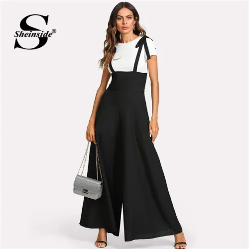 Sheinside Black Straps Office Ladies Workwear Elegant Wide Leg Jumpsuit High Waist Plain Knot Loose Women Autumn Jumpsuit
