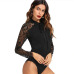 Sheinside Black Tie Neck Lace Panel Sleeve Bodysuit Women Skinny Mid Waist Zipper Bodysuit Office Ladies Work Elegant Bodysuit