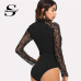 Sheinside Black Tie Neck Lace Panel Sleeve Bodysuit Women Skinny Mid Waist Zipper Bodysuit Office Ladies Work Elegant Bodysuit