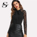 Sheinside Black Tie Neck Lace Panel Sleeve Bodysuit Women Skinny Mid Waist Zipper Bodysuit Office Ladies Work Elegant Bodysuit