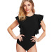 Sheinside Elegant Black Ruffle Cap Sleeve Bodysuit Women Plain Round Neck Butterfly Sleeve Sexy Rompers 2018 Skinny Bodysuit