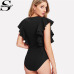 Sheinside Elegant Black Ruffle Cap Sleeve Bodysuit Women Plain Round Neck Butterfly Sleeve Sexy Rompers 2018 Skinny Bodysuit