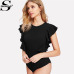 Sheinside Elegant Black Ruffle Cap Sleeve Bodysuit Women Plain Round Neck Butterfly Sleeve Sexy Rompers 2018 Skinny Bodysuit