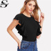 Sheinside Elegant Black Ruffle Cap Sleeve Bodysuit Women Plain Round Neck Butterfly Sleeve Sexy Rompers 2018 Skinny Bodysuit