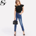 Sheinside Elegant Black Ruffle Cap Sleeve Bodysuit Women Plain Round Neck Butterfly Sleeve Sexy Rompers 2018 Skinny Bodysuit