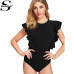 Sheinside Elegant Black Ruffle Cap Sleeve Bodysuit Women Plain Round Neck Butterfly Sleeve Sexy Rompers 2018 Skinny Bodysuit