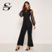 Sheinside Elegant Long Sleeve Black Jumpsuit 3D Applique Sheer Sleeve Keyhole Front Sexy Jumpsuits For Women 2018 Long Jumpsuit