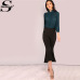 Sheinside Fashion Self Tie Neck Office Pleated Chiffon Bodysuit Women Green Long Sleeve Elegant Bodysuits Work Wear Bodysuit