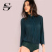 Sheinside Fashion Self Tie Neck Office Pleated Chiffon Bodysuit Women Green Long Sleeve Elegant Bodysuits Work Wear Bodysuit