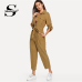 Sheinside Khaki Elegant Jumpsuit Roll Tab Sleeve Button Front Self Belted Jumpsuit Women Clothes 2018 Mid Waist Autumn Jumpsuits